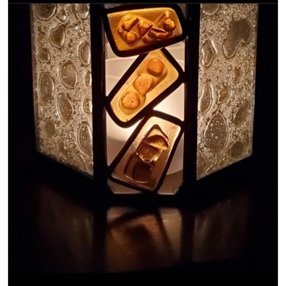 VTG Glass Partylite Candle Holder mosaic Retro Brown Yellow Copper 60s 70s Style